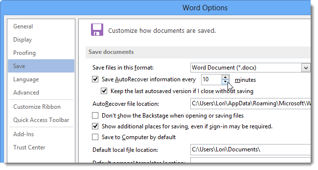 Modificarea intervalelor automate de salvare în MC Word 2013