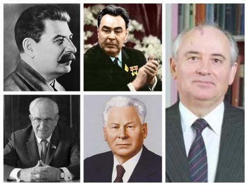 Secretarii generali ai Partidului Comunist: Iosif Stalin, Leonid Brejnev, Iuri Andropov, Konstantin Chernenko și Mihail Gorbaciov